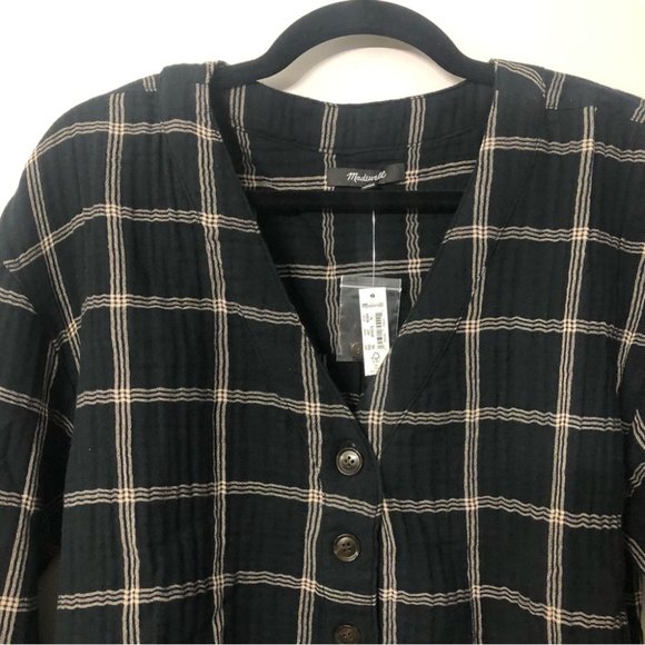 Madewell True Black Windowpane Chelston V-Neck Button Front Top Size XL NWT - Picture 5 of 11